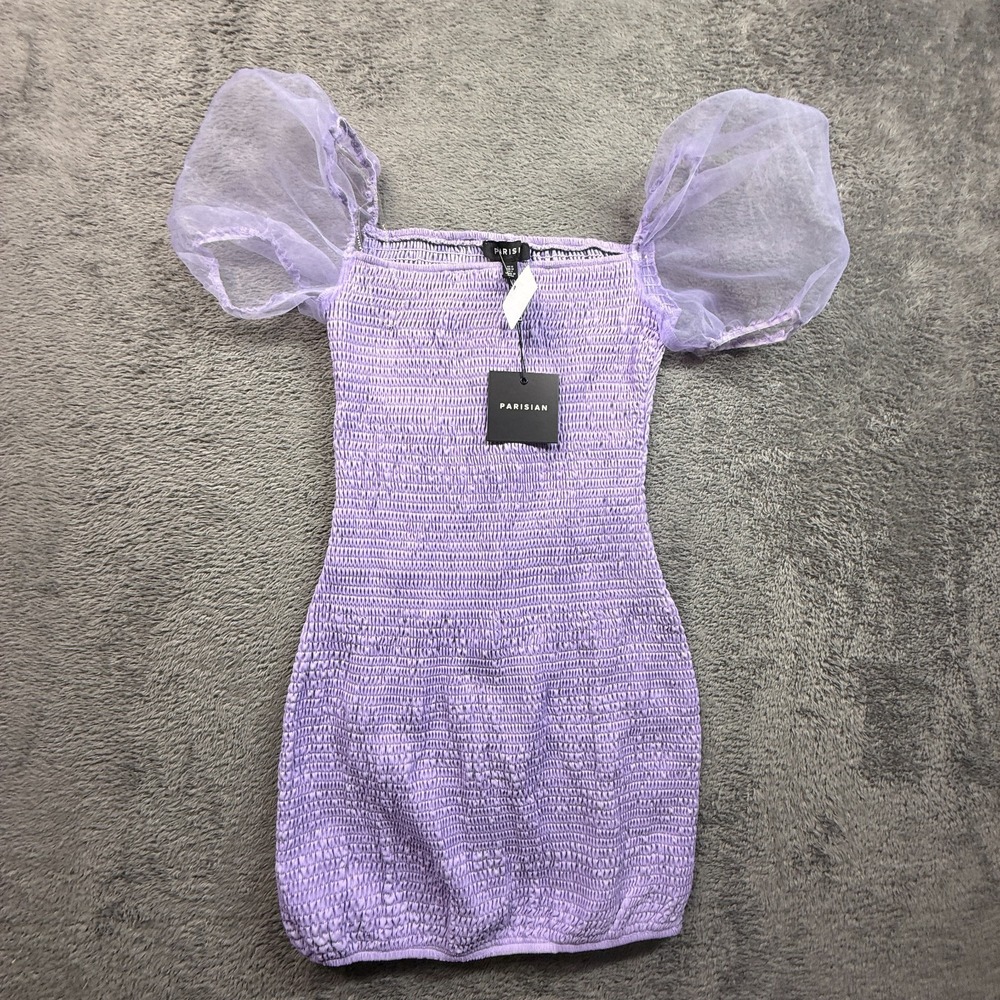 Parisian Lilac Purple Shirred Bodycon Mini Dress Organza Puff Sleeve Sz 6 NWT